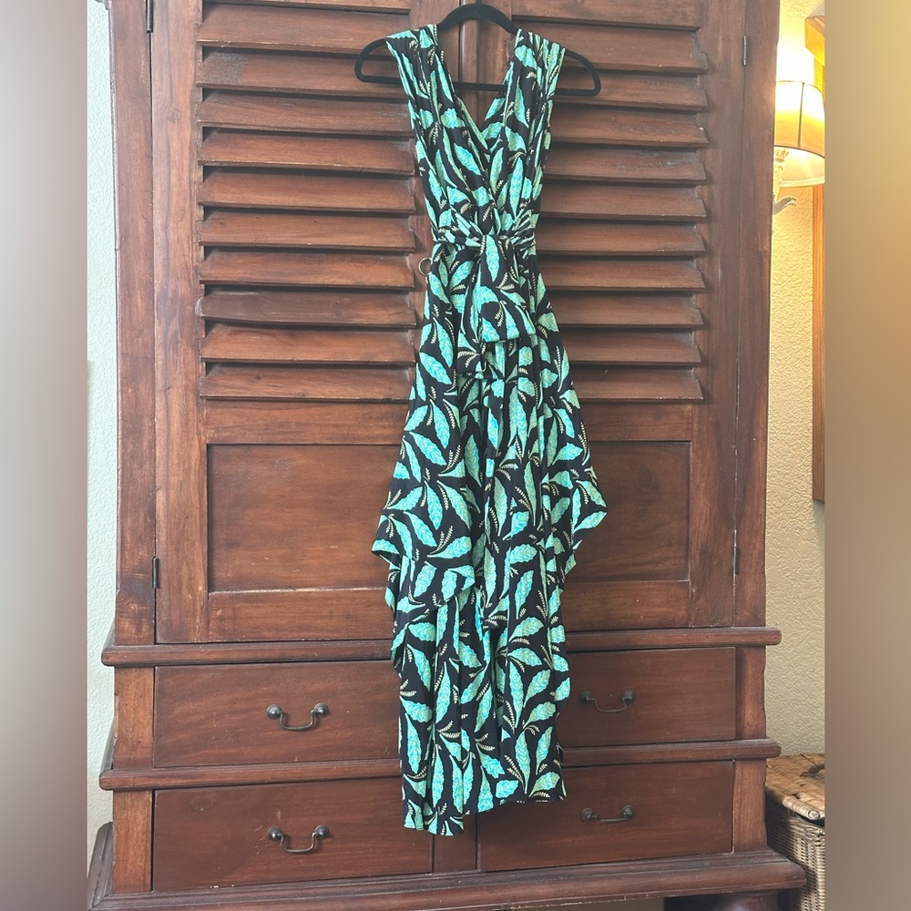 Diane Von Furstenberg Leaf Patterned Wrap Dress in Black and Teal